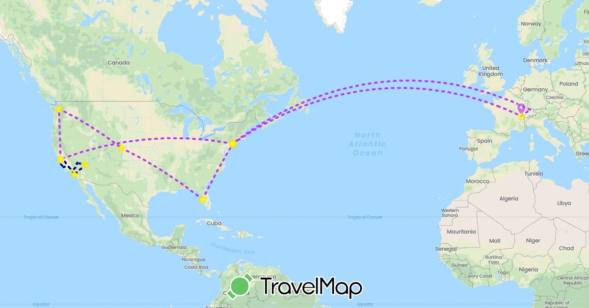 TravelMap itinerary: driving, hiking, avion in Switzerland, United States (Europe, North America)